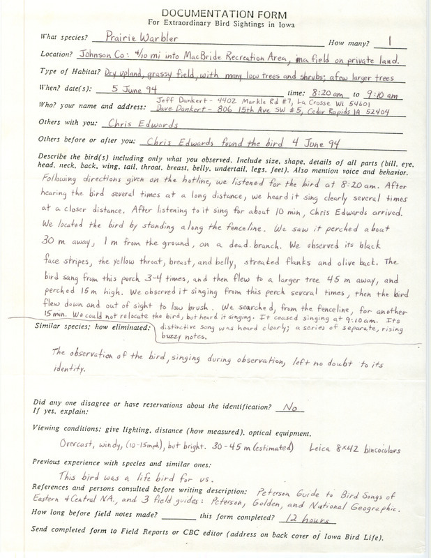 Rare bird documentation form for a Prairie Warbler at MacBride Recreation Area in Johnson County, IA on June 5, 1994.