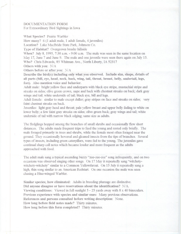 Rare bird documentation form for six Prairie Warblers at Lake MacBride State Park in Johnson County, IA on July 8, 1995. Other sighting dates occurred May through July, 1995.