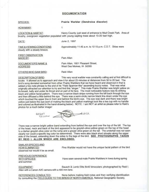 Rare bird documentation form for a Prairie Warbler at Mud Creek Park in Henry County, IA on June 2, 1997.