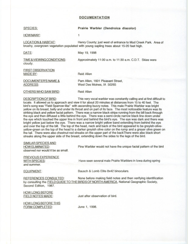 Rare bird documentation form for a Prairie Warbler at Mud Creek Park in Henry County, IA on May 19, 1998.