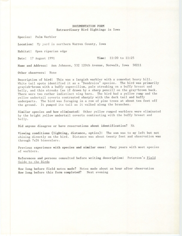 Rare bird documentation form for a Palm Warbler in Greenfield Township in Warren County, IA on August 17, 1991.