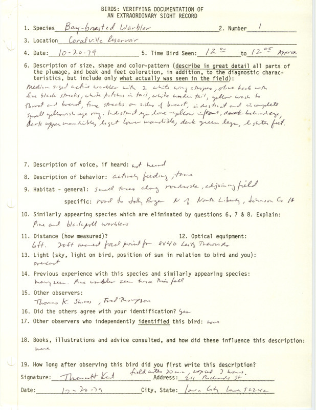 Rare bird documentation form for a Bay-breasted Warbler at Coralville Reservoir in Johnson County, IA on October 20, 1979.