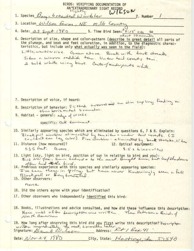 Rare bird documentation form for a Bay-breasted Warbler in Mills County, IA on September 23, 1980.