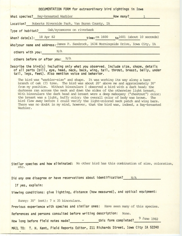 Rare bird documentation form for a Bay-breasted Warbler at Roberts Riverside Park in Van Buren County, IA on April 18, 1982.