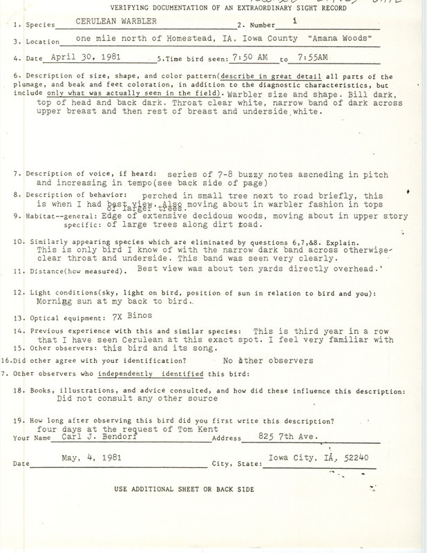 Rare bird documentation form for a Cerulean Warbler at Amana Woods north of Homestead in Iowa County, IA on April 30, 1981.