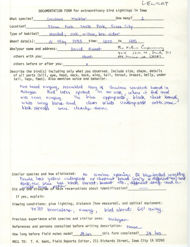 Rare bird documentation form for a Cerulean Warbler at Stone State Park in Woodbury County, IA on May 21, 1983.