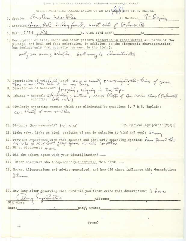 Rare bird documentation form for four Cerulean Warblers at Saylorville Lake in Polk County, IA on June 29 and July 13, 1985.