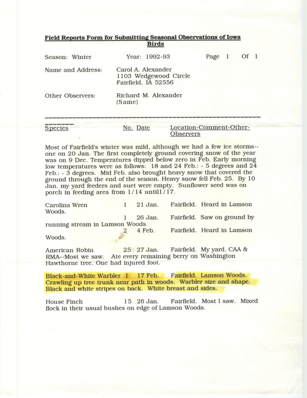 List of birds and locations contributed by Carol A. Alexander with Richard M. Alexander for the Winter of 1992-1993. It features a Black-and-White Warbler at Lansom Woods in Jefferson County, IA on February 17, 1993, and includes a note from Ross Silcock to Thomas Kent.