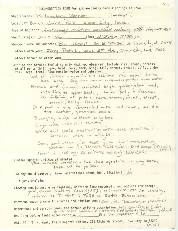 Rare bird documentation form for a Prothonotary Warbler at Bacon Creek Park in Woodbury County, IA on May 28, 1986.