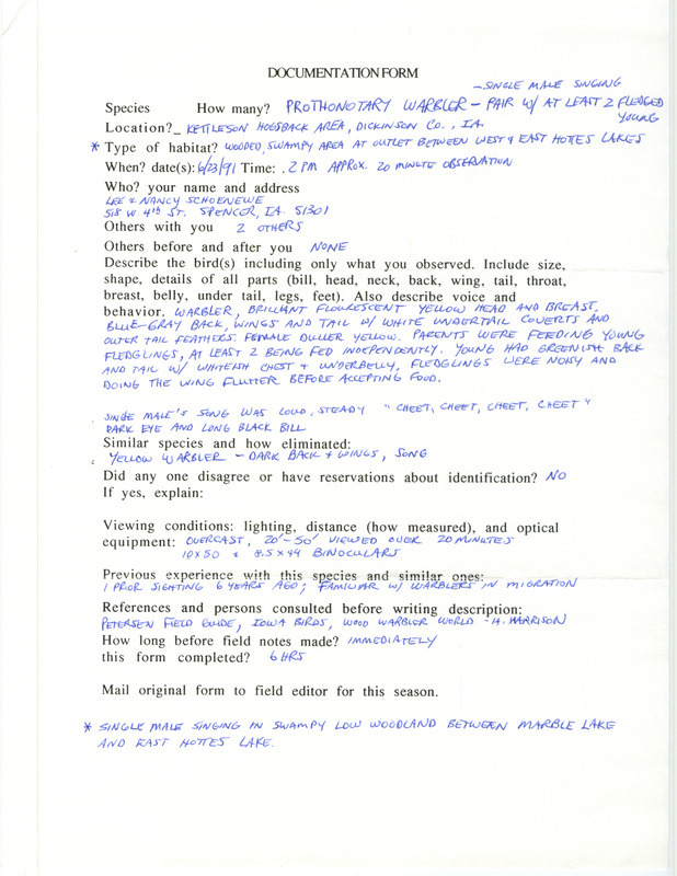 Rare bird documentation form for at least five Prothonotary Warblers at Kettleson Hogsback Area in Dickinson County, IA on June 23, 1991.