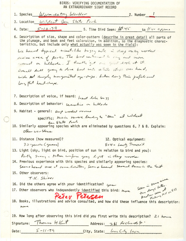 Rare bird documentation form for a Worm-eating Warbler at Wildcat Den State Park in Muscatine County, IA on May 10, 1979.