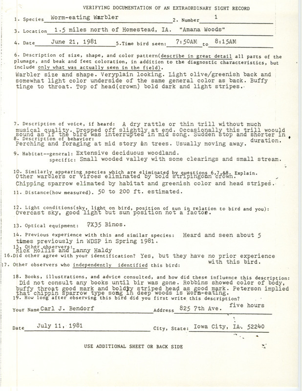 Rare bird documentation form for a Worm-eating Warbler at Amana Woods north of Homestead in Iowa County, IA on June 21, 1981.