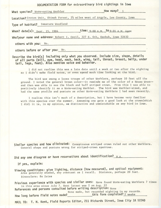 Rare bird documentation form for a Worm-eating Warbler at the Croton Unit of Shimek State Forest in Lee County, IA on September 15, 1984.