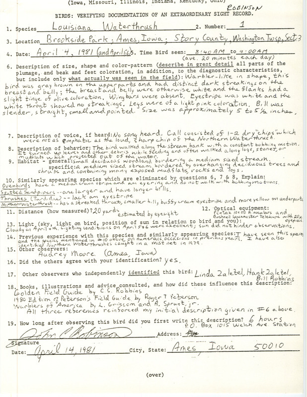 Rare bird documentation form for a Louisiana Waterthrush at Brookside Park in Ames in Story County, IA on April 4, 5, and 6, 1981.