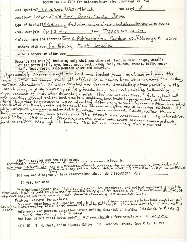 Rare bird documentation form for a Louisiana Waterthrush at Ledges State Park in Boone County, IA on April 2, 1982.