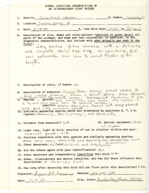 Rare bird documentation form for one to two Connecticut Warblers at Sunken Grove in Pocahontas County, IA on May 18, 1980.