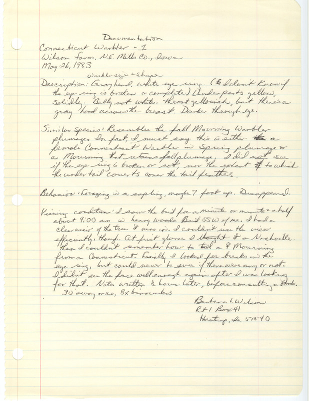 Rare bird documentation form for a Connecticut Warbler in Mills County, IA on May 26, 1983.