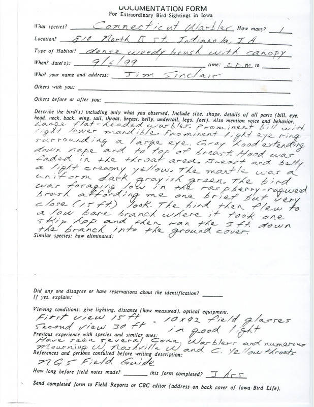 Rare bird documentation form for a Connecticut Warbler at Indianola in Warren County, IA on September 6, 1999.