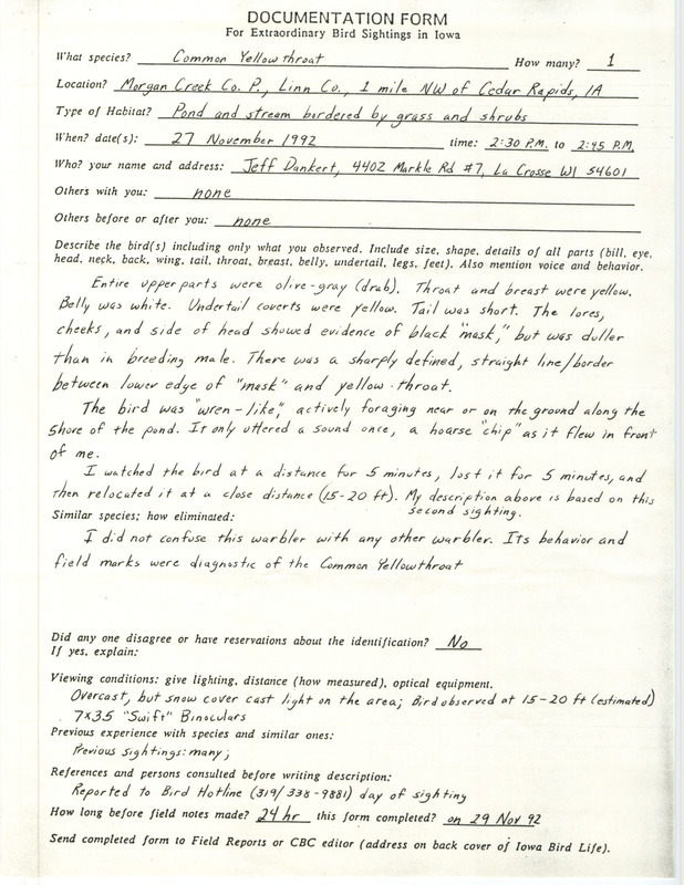 Rare bird documentation form for a Common Yellowthroat at Morgan Creek Park in Linn County, IA on November 27, 1992.