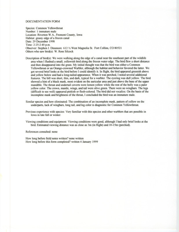 Rare bird documentation form for a Common Yellowthroat at Riverton Wildlife Area in Fremont County, IA on December 29, 1998.