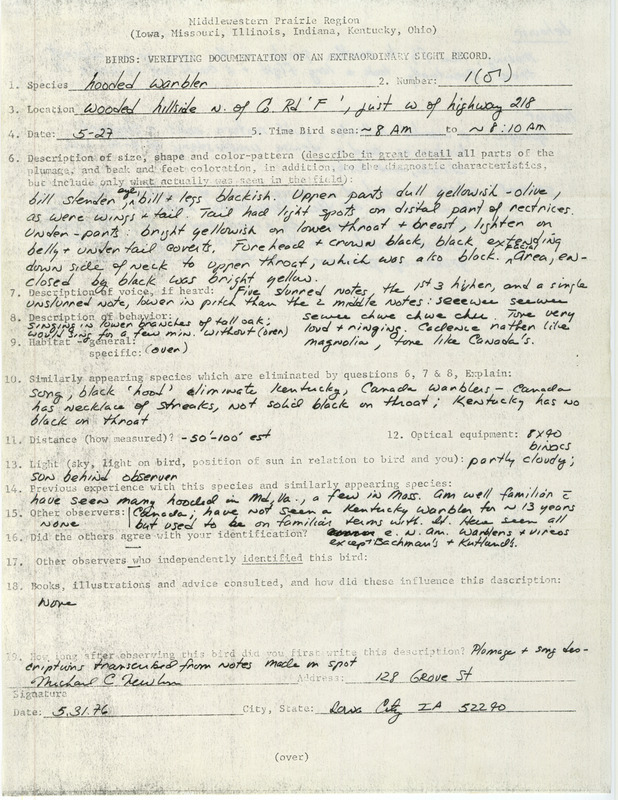 Rare bird documentation form for a Hooded Warbler near Coralville Reservoir in Johnson County, IA on May 27, 1976.