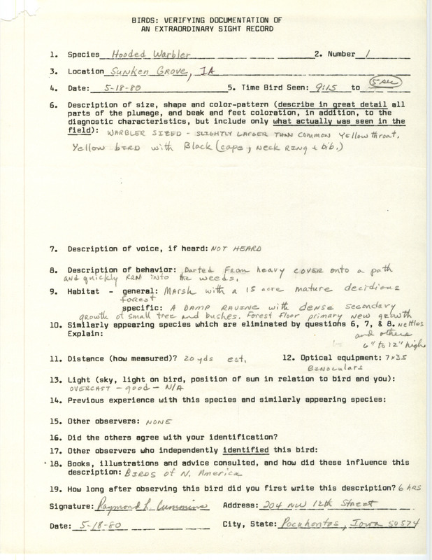 Rare bird documentation form for a Hooded Warbler at Sunken Grove in Pocahontas County, IA on May 18, 1980.