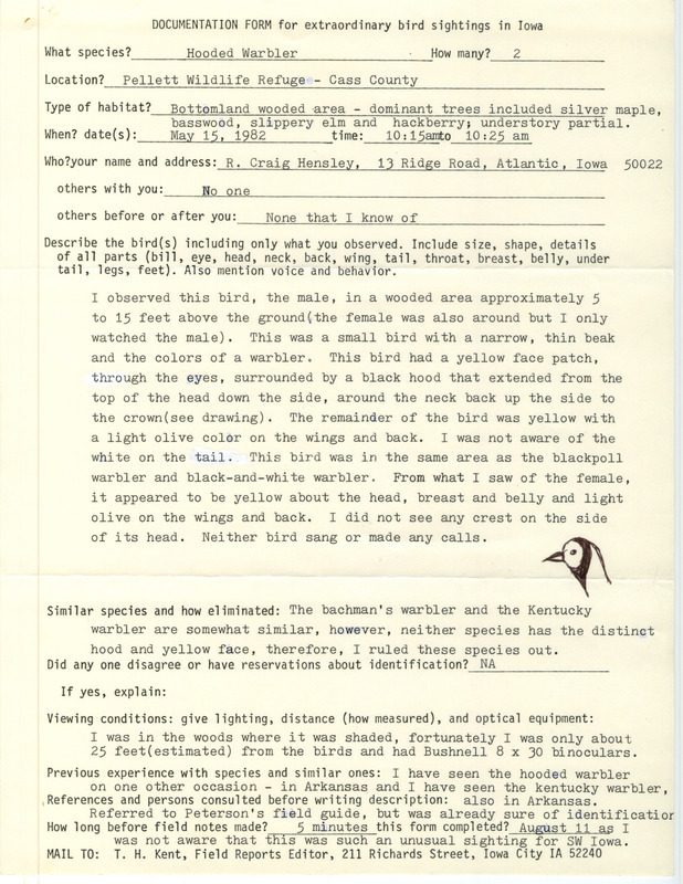 Rare bird documentation form for two Hooded Warblers at Pellet Wildlife Refuge in Cass County, IA on May 15, 1982.