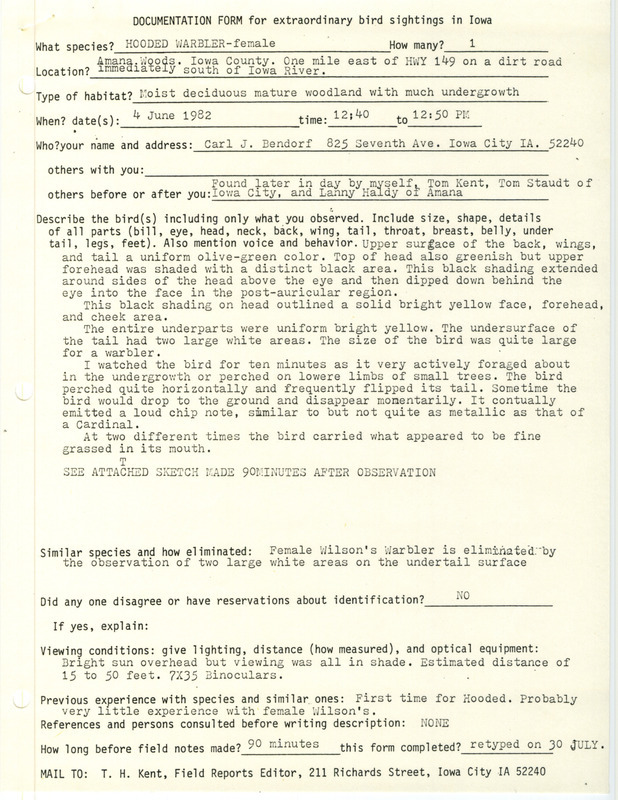 Rare bird documentation form for a Hooded Warbler at Amana Woods in Iowa County, IA on June 4, 1982.