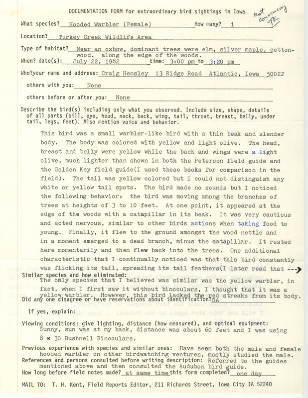 Rare bird documentation form for a Hooded Warbler at Turkey Creek Wildlife Area in Cass County, IA on July 22, 1982.