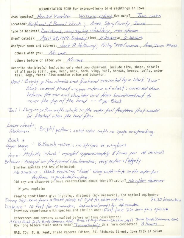 Rare bird documentation form for two Hooded Warblers at Pammel Woods in Ames in Story County, IA on April 28, 1984.