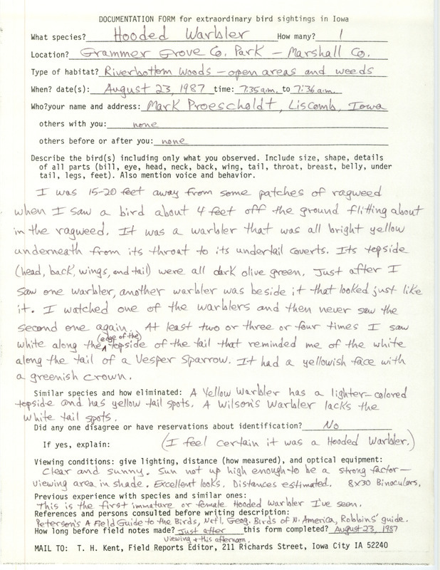 Rare bird documentation form for a Hooded Warbler at Grammer Grove County Park in Marshall County, IA on August 23, 1987.