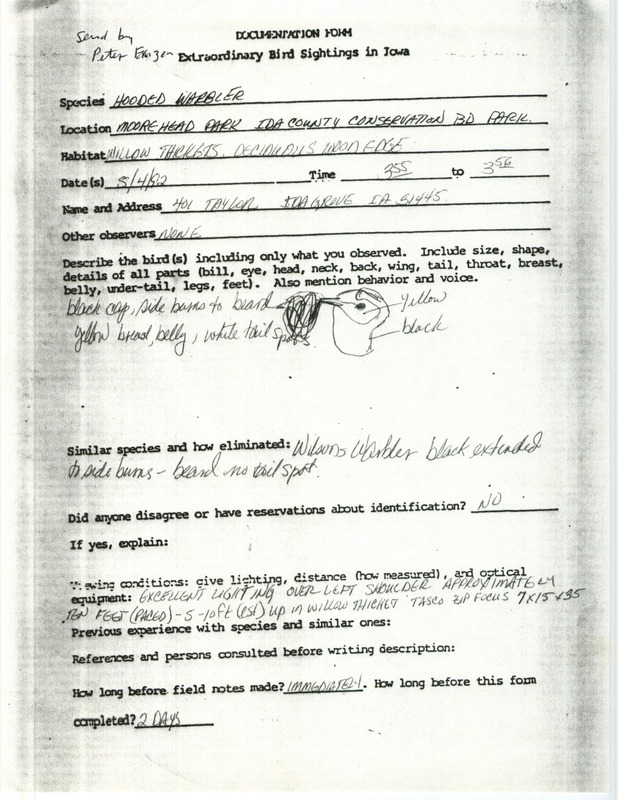 Rare bird documentation form for a Hooded Warbler at Moorehead Park in Ida County, IA on May 4, 1992.