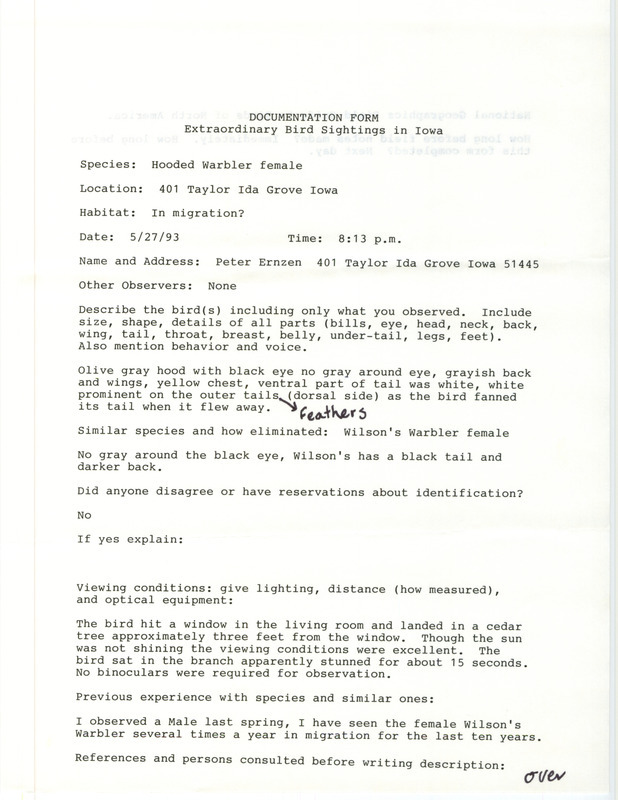 Rare bird documentation form for a Hooded Warbler at Ida Grove in Ida County, IA on May 27, 1993.