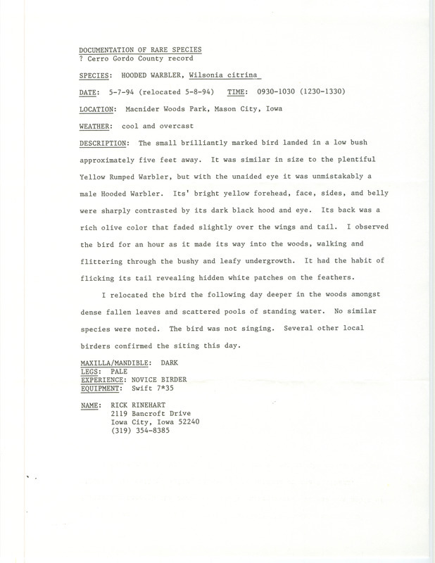 Rare bird documentation form for a Hooded Warbler at MacNiders Woods in Mason City in Cerro Gordo County, IA on May 7 and May 8, 1994.