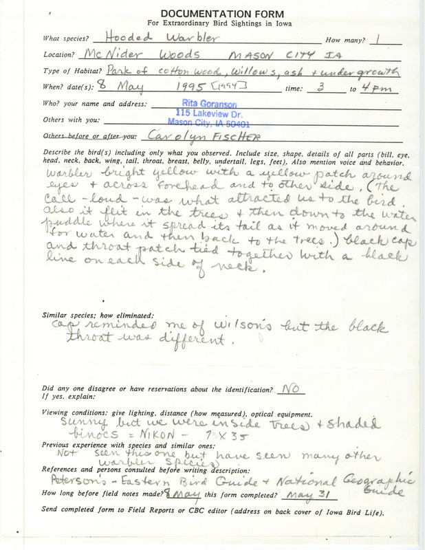 Rare bird documentation form for a Hooded Warbler at MacNiders Woods in Mason City in Cerro Gordo County, IA on May 8, 1994.