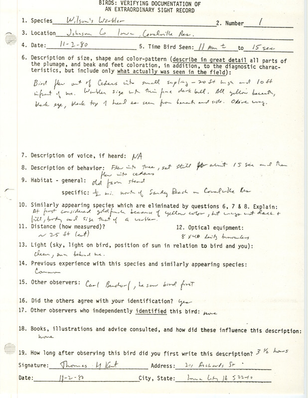 Rare bird documentation form for a Wilson's Warbler at Coralville Reservoir in Johnson County, IA on November 2, 1980.