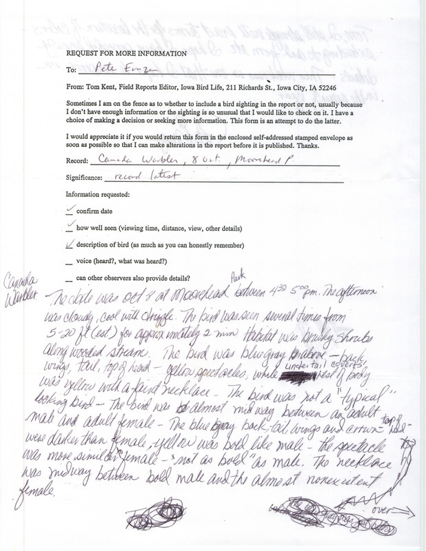 Rare bird documentation form for a Canada Warbler at Moorehead Park in Ida County, IA on October 8, 1995.