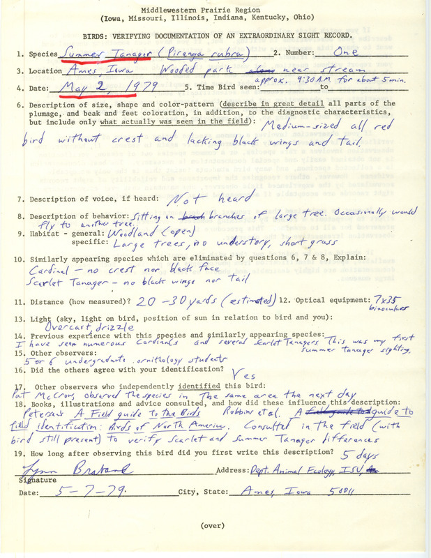 Rare bird documentation form for a Summer Tanager at Ames in Story County, IA on May 2, 1979.