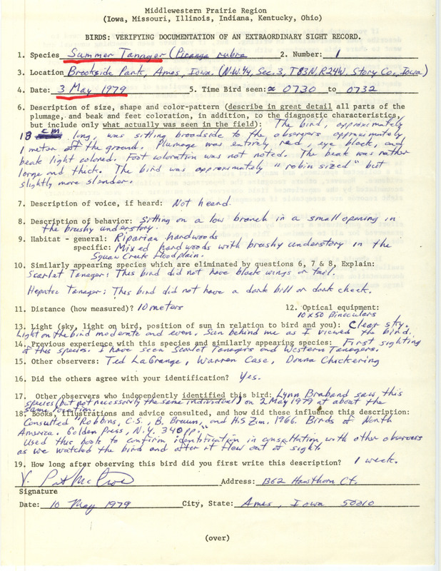 Rare bird documentation form for a Summer Tanager at Brookside Park in Ames in Story County, IA on May 3, 1979.