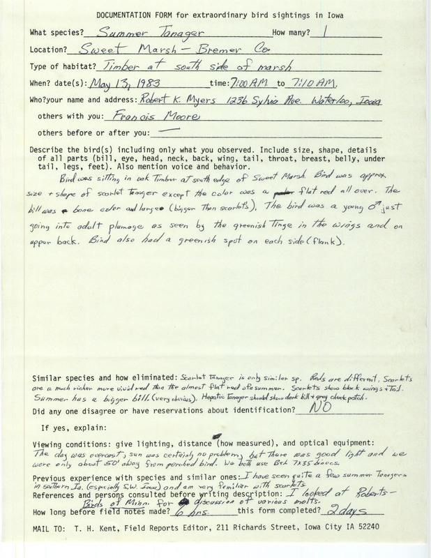 Rare bird documentation form for a Summer Tanager at Sweet March in Bremer County, IA on May 13, 1983.