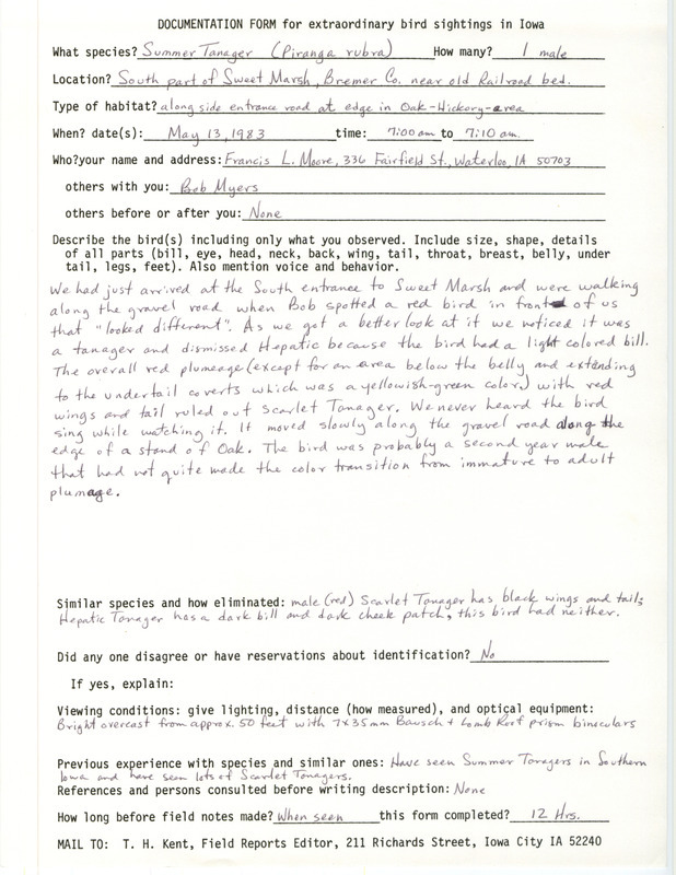 Rare bird documentation form for a Summer Tanager at Sweet March in Bremer County, IA on May 13, 1983.