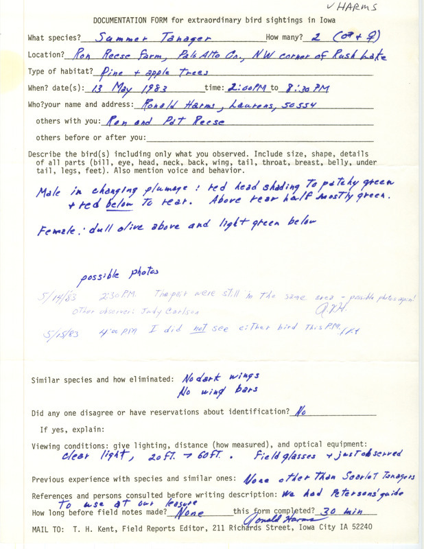 Rare bird documentation form for two Summer Tanagers at northwest Rush Lake in Palo Alto County, IA on May 13, 1983.