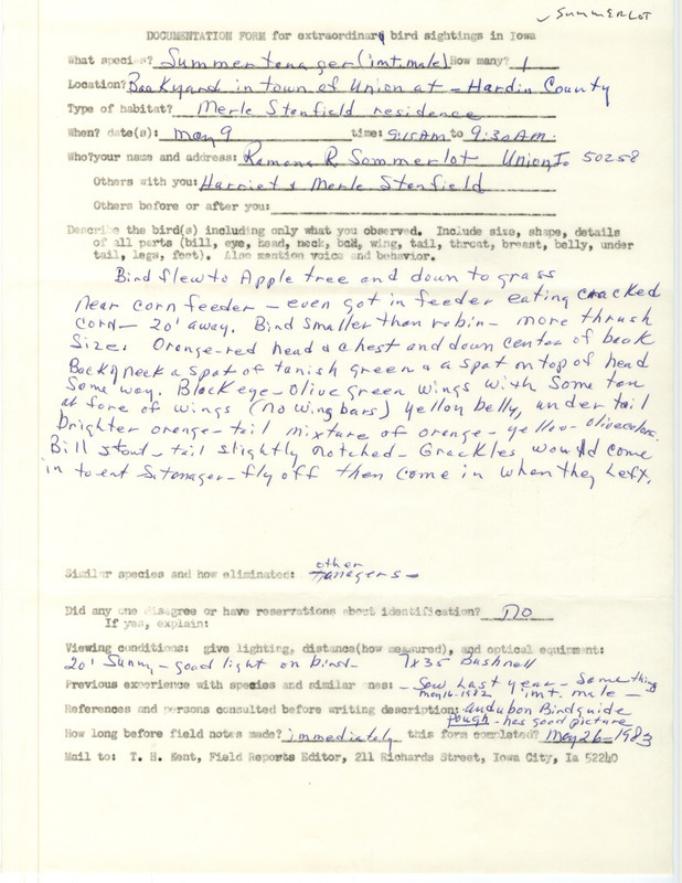 Rare bird documentation form for a Summer Tanager at Union in Hardin County, IA on May 9, 1983.