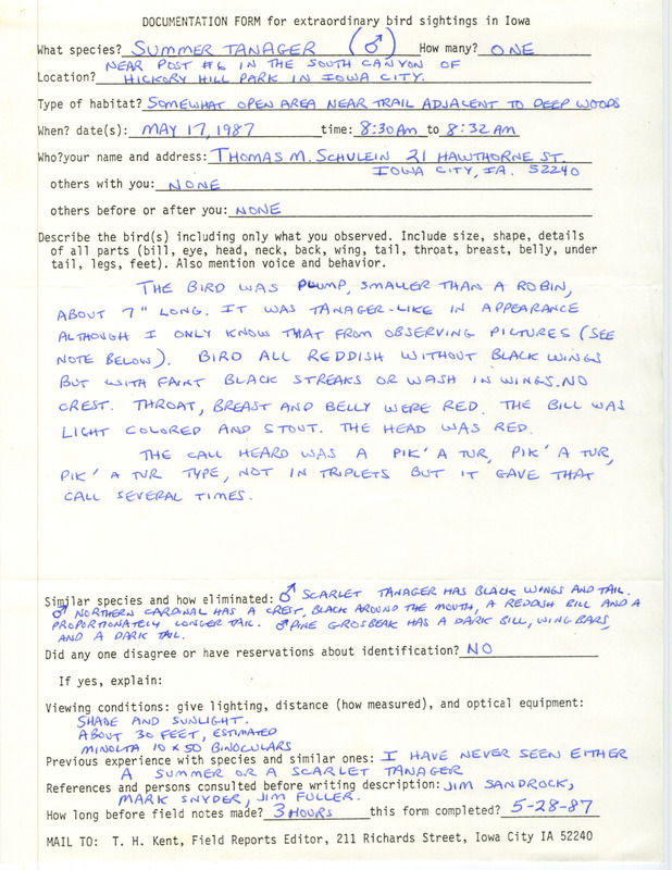 Rare bird documentation form for a Summer Tanager at Hickory Hill Park in Iowa City in Johnson County, IA on May 17, 1987.