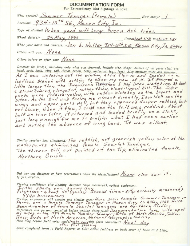 Rare bird documentation form for a Summer Tanager at Mason City in Cerro Gordo County, IA on May 23, 1990.