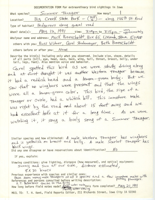 Rare bird documentation form for a Summer Tanager at Big Creek State Park in Polk County, IA on May 12, 1991.