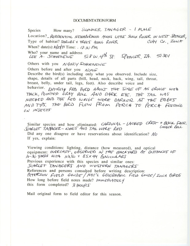 Rare bird documentation form for a Summer Tanager at West Spencer in Clay County, IA on October 27, 1991.