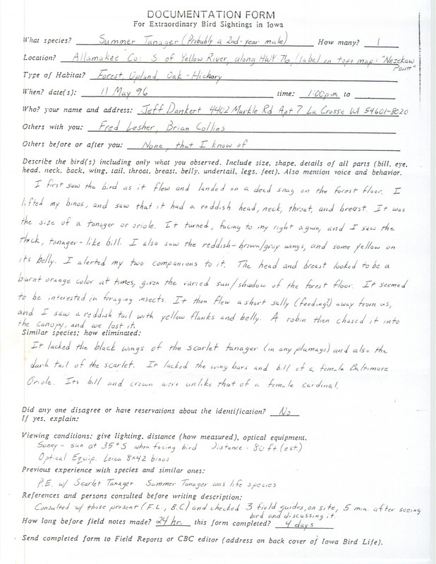 Rare bird documentation form for a Summer Tanager at Nezekaw Point in Allamakee County, IA on May 11, 1996.