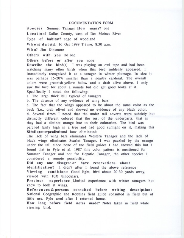 Rare bird documentation form for a Summer Tanager at Dallas County, IA on October 16, 1999.