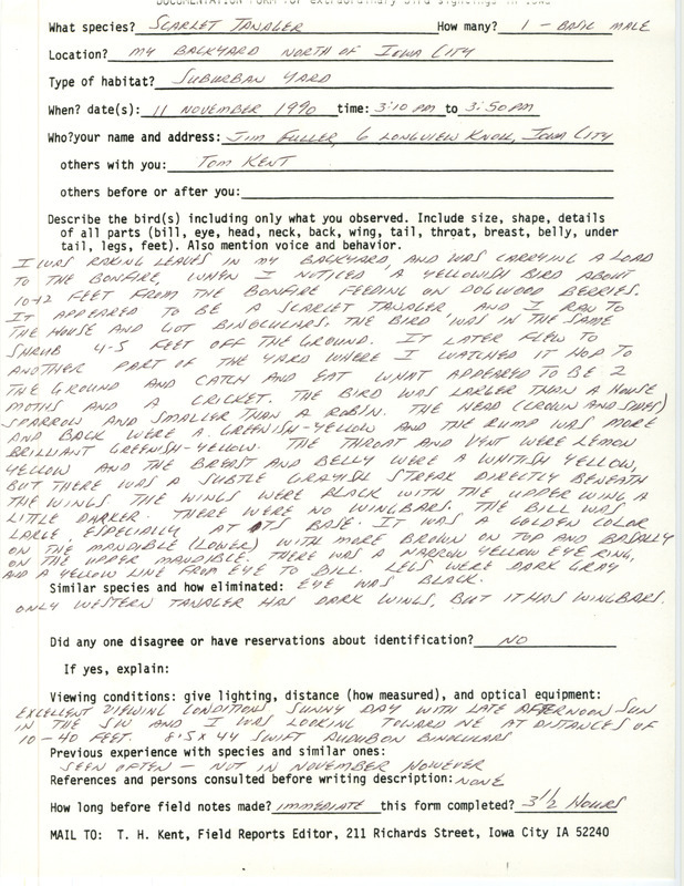 Rare bird documentation form for a Scarlet Tanager north of Iowa City in Johnson County, IA on November 11, 1990.